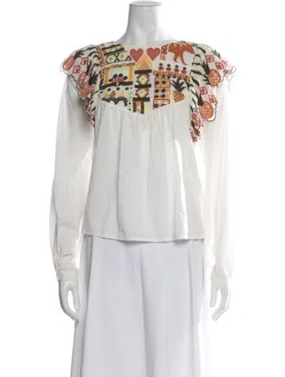 Pre-owned Farm Rio Printed Crew Neck Blouse In White