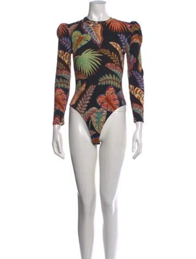 Pre-owned Farm Rio Printed Crew Neck Bodysuit In Black