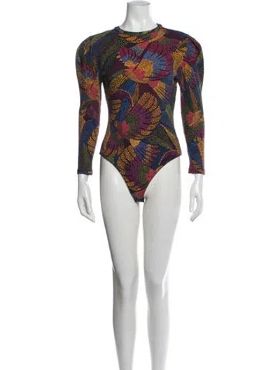 Pre-owned Farm Rio Printed Crew Neck Bodysuit In Black