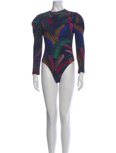 Pre-owned Farm Rio Printed Crew Neck Bodysuit In Blue