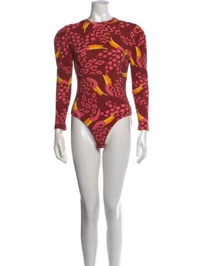 Pre-owned Farm Rio Printed Crew Neck Bodysuit In Red