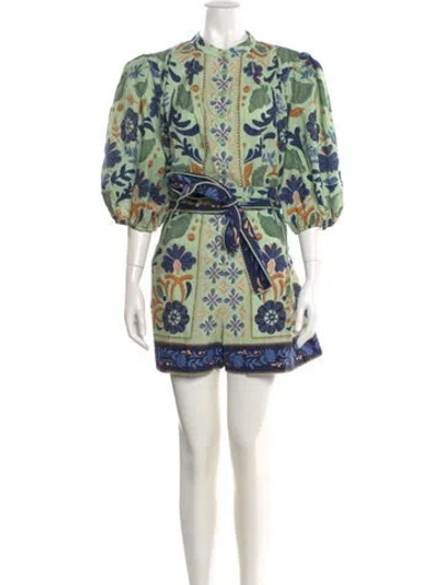 Pre-owned Farm Rio Printed Crew Neck Romper In Green