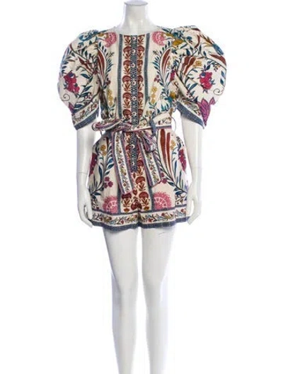 Pre-owned Farm Rio Printed Crew Neck Romper In White