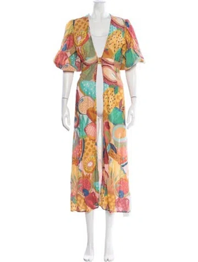 Pre-owned Farm Rio Printed Eyelet Trim Cover-up In Yellow