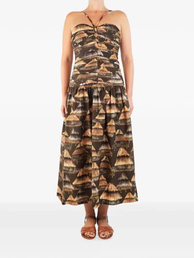 Pre-owned Farm Rio Printed Halterneck Midi Dress In Brown