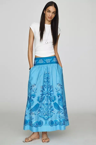 Farm Rio Printed Hibiscus Midi Skirt In Blue