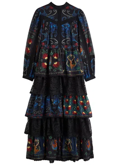 Farm Rio Printed Lace-trim Cotton Maxi Dress In Black