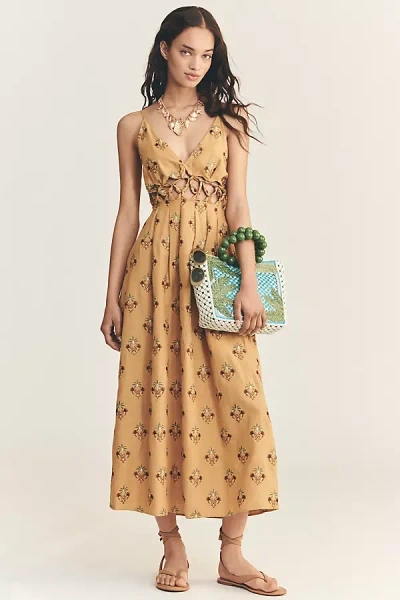Farm Rio Printed Linen Blend V-neck Cutout A-line Midi Dress In Brown