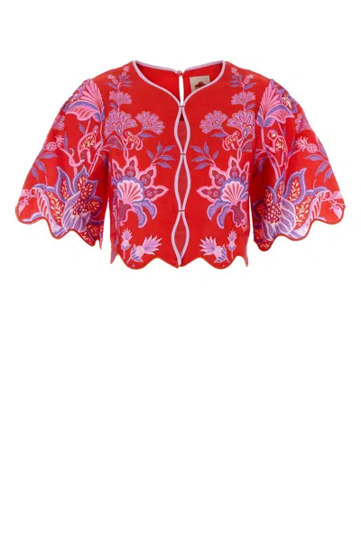 Farm Rio Printed Linen Blouse In Red