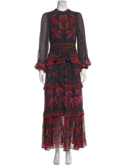 Pre-owned Farm Rio Printed Long Dress In Black