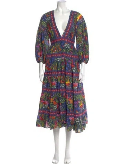 Pre-owned Farm Rio Printed Long Dress In Blue