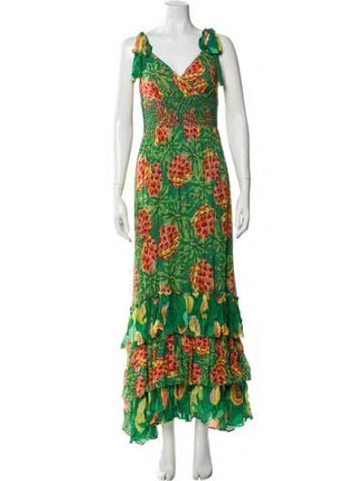 Pre-owned Farm Rio Printed Long Dress In Green