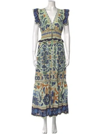 Pre-owned Farm Rio Printed Long Dress In Green