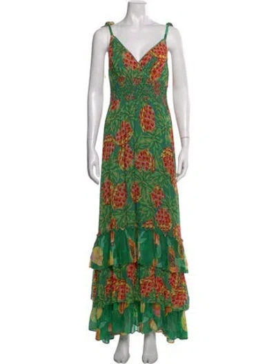 Pre-owned Farm Rio Printed Long Dress In Green