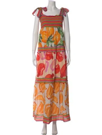 Pre-owned Farm Rio Printed Long Dress In Orange