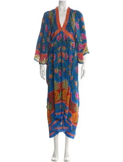 Pre-owned Farm Rio Printed Long Dress W/ Tags In Blue