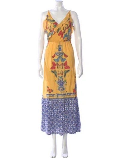 Pre-owned Farm Rio Printed Long Dress In Yellow