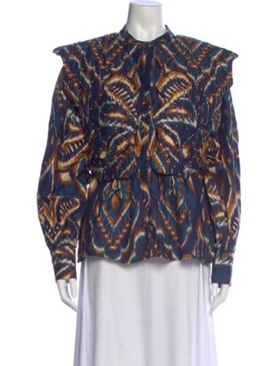 Pre-owned Farm Rio Printed Long Sleeve Blouse In Blue