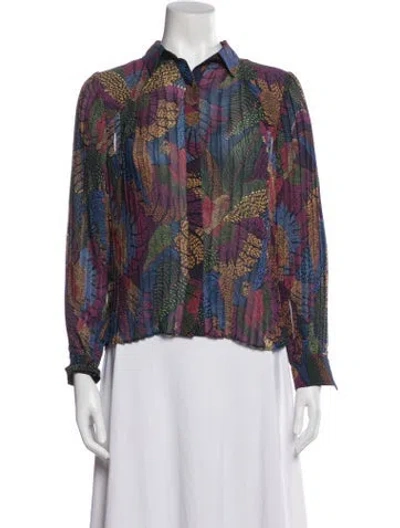 Pre-owned Farm Rio Printed Long Sleeve Blouse In Blue