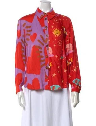 Pre-owned Farm Rio Printed Long Sleeve Blouse In Red