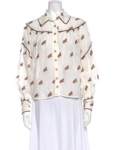 Pre-owned Farm Rio Printed Long Sleeve Blouse In White
