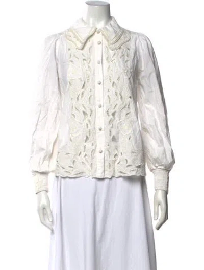 Pre-owned Farm Rio Printed Long Sleeve Blouse In White