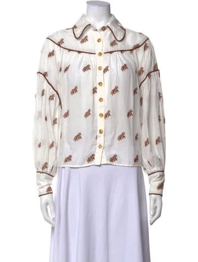 Pre-owned Farm Rio Printed Long Sleeve Blouse In White