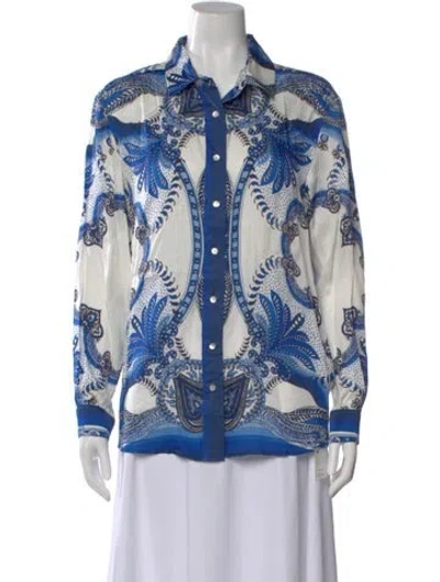Pre-owned Farm Rio Printed Long Sleeve Button-up Top In Blue