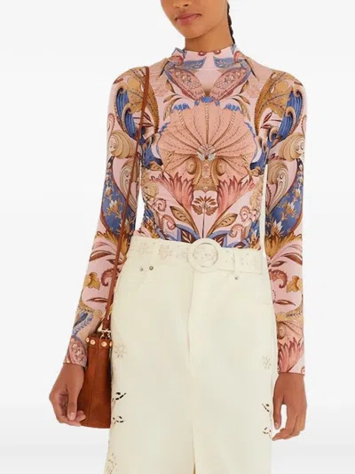 Farm Rio Sea Garden Scarf Jersey Blouse In Soft Pink In Multi