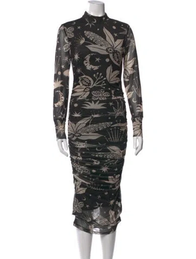 Pre-owned Farm Rio Printed Midi Length Dress In Black