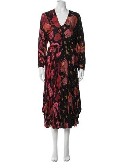Pre-owned Farm Rio Printed Midi Length Dress In Black