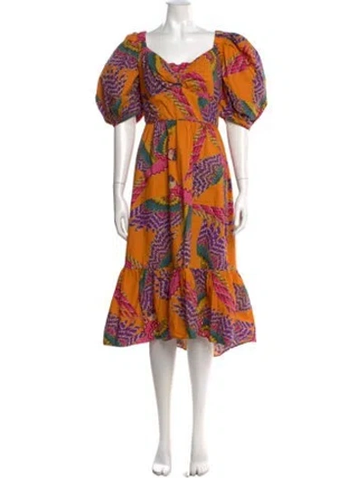 Pre-owned Farm Rio Printed Midi Length Dress In Orange