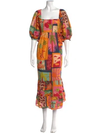 Pre-owned Farm Rio Printed Midi Length Dress In Orange