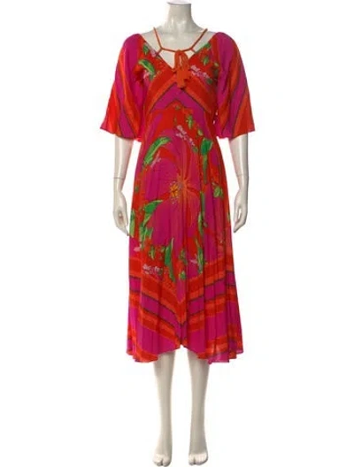 Pre-owned Farm Rio Printed Midi Length Dress In Red