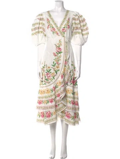 Pre-owned Farm Rio Printed Midi Length Dress In White