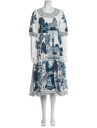 Pre-owned Farm Rio Printed Midi Length Dress In White