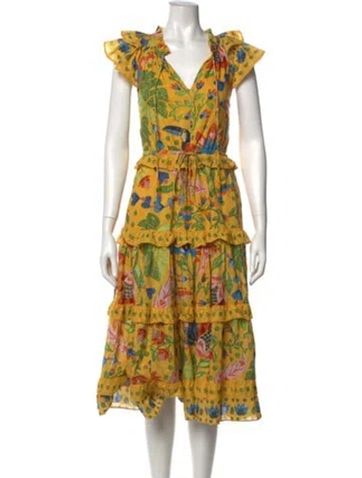 Pre-owned Farm Rio Printed Midi Length Dress In Yellow