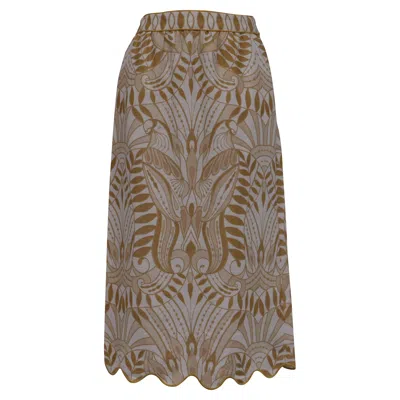 Pre-owned Farm Rio Printed Midi Skirt In Beige Linen