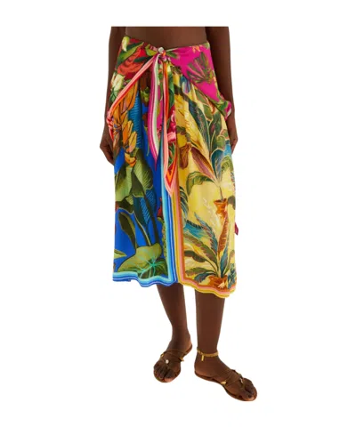 Farm Rio Rainbow Summer Printed Satin Midi Skirt In Multi