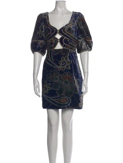 Pre-owned Farm Rio Printed Mini Dress In Blue