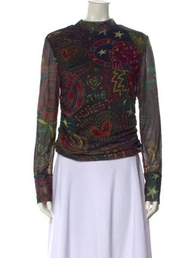 Pre-owned Farm Rio Printed Mock Neck Blouse In Black