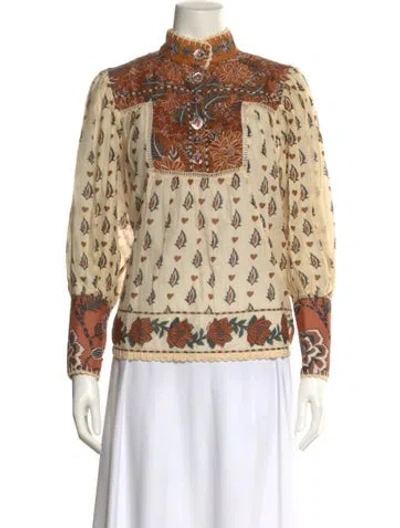 Pre-owned Farm Rio Printed Mock Neck Blouse In Neutral