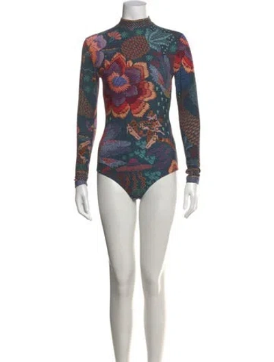 Pre-owned Farm Rio Printed Mock Neck Bodysuit In Blue