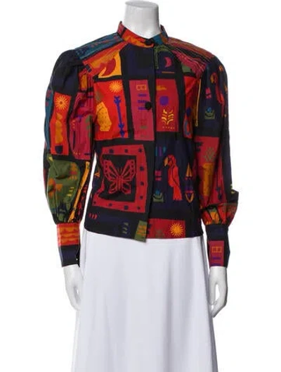Pre-owned Farm Rio Printed Mock Neck Button-up Top In Blue