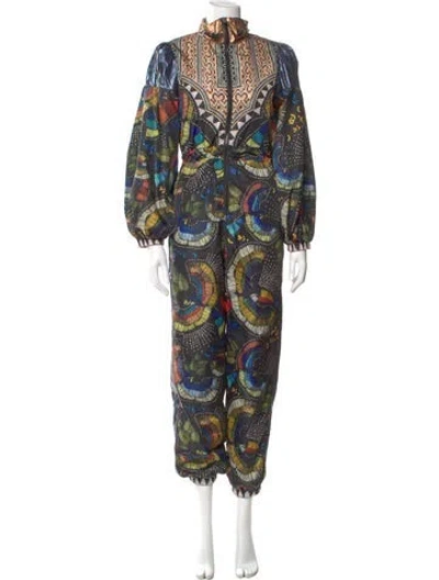 Pre-owned Farm Rio Printed Mock Neck Jumpsuit In Black