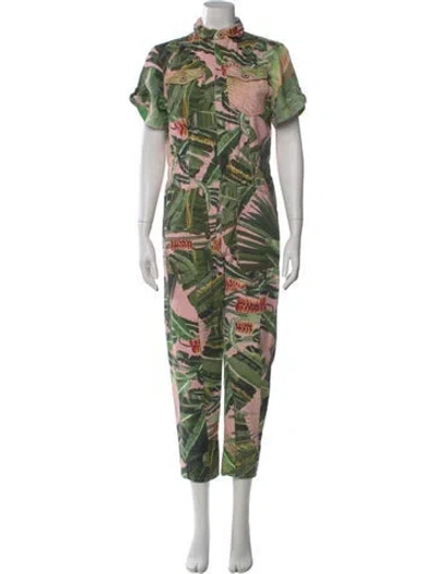 Pre-owned Farm Rio Printed Mock Neck Jumpsuit In Green