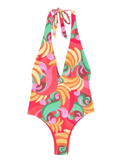 Farm Rio Printed One-piece Swimsuit With Lace-up Retro Neckline In Multi