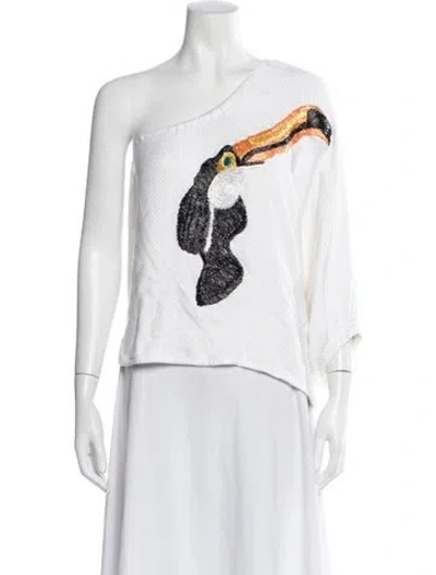 Pre-owned Farm Rio Printed One-shoulder Top In White