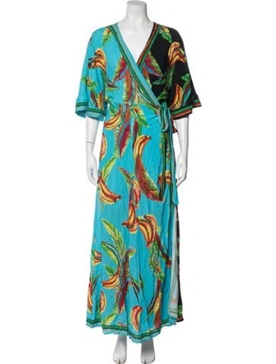 Pre-owned Farm Rio Printed Pleated Accents Robe In Blue