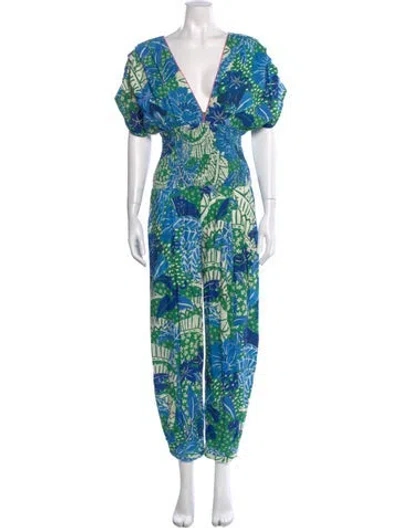 Pre-owned Farm Rio Printed Plunge Neckline Jumpsuit In Blue